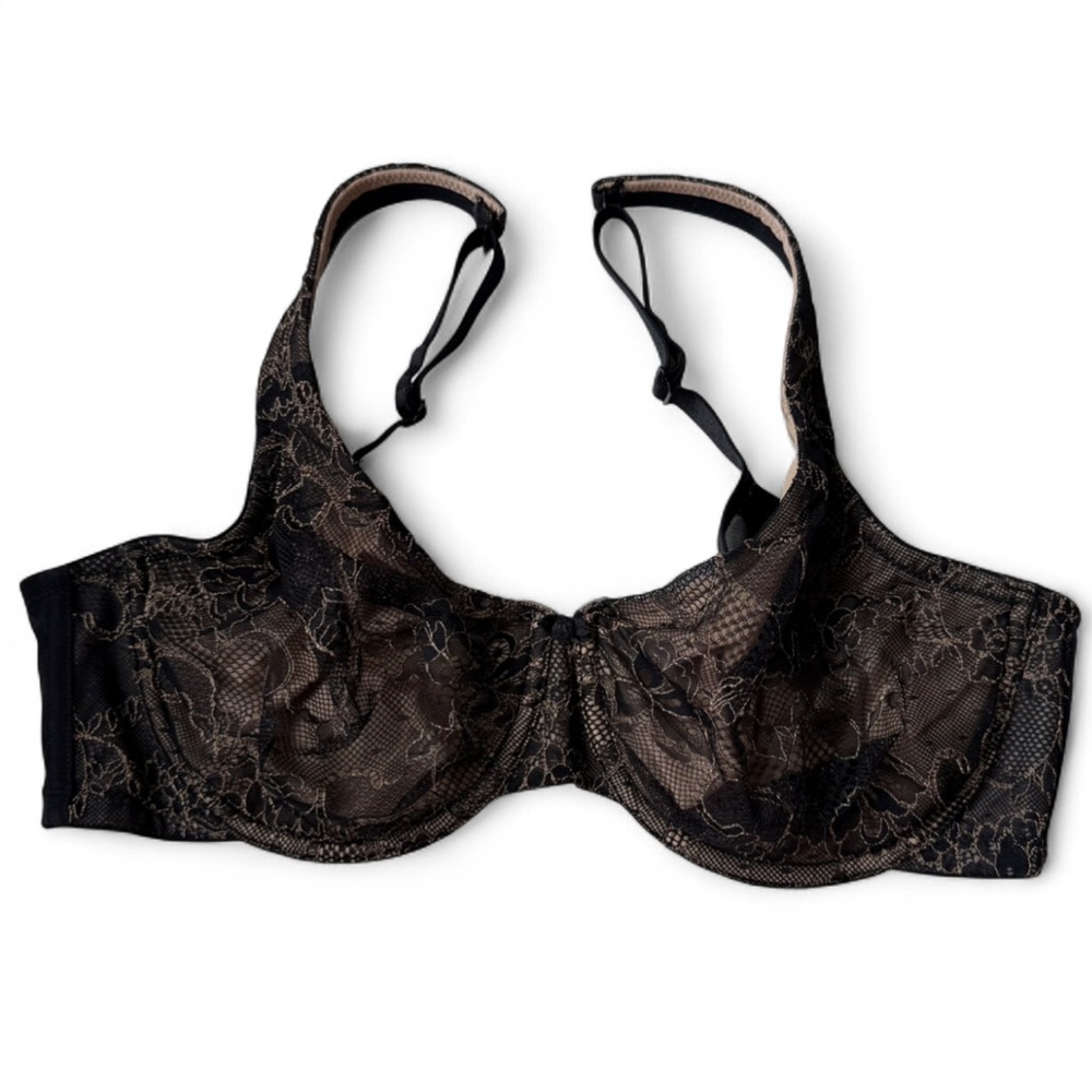 Cacique 40C Black Lace Underwire Bra Nude Lined Balconette Sheer Feminine